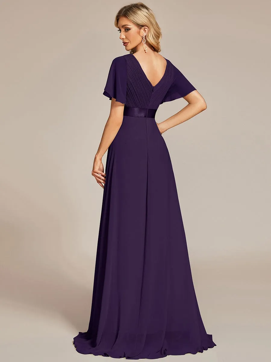 Monica | Long Empire Waist Bridesmaid Dress with Short Flutter Sleeves