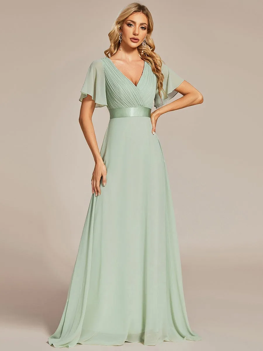 Monica | Long Empire Waist Bridesmaid Dress with Short Flutter Sleeves