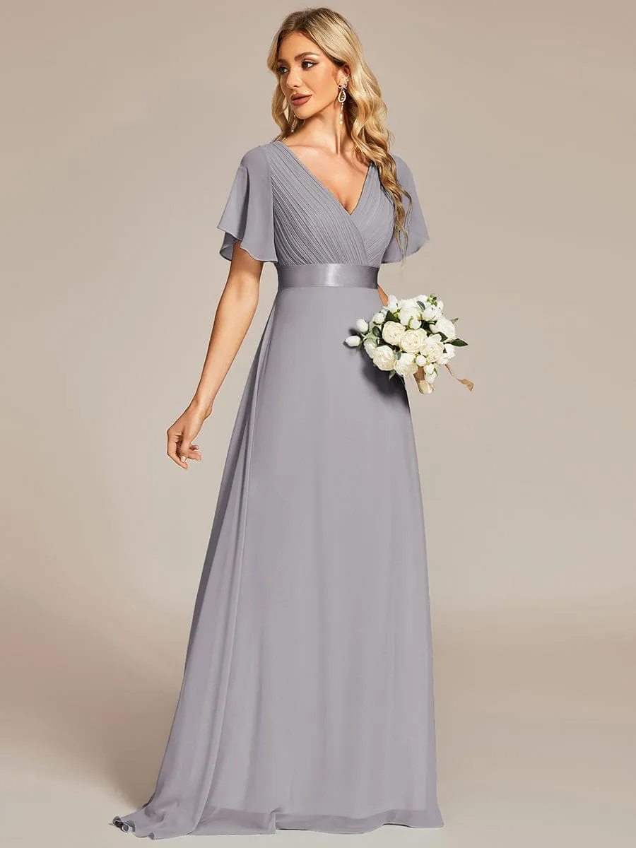 Monica | Long Empire Waist Bridesmaid Dress with Short Flutter Sleeves