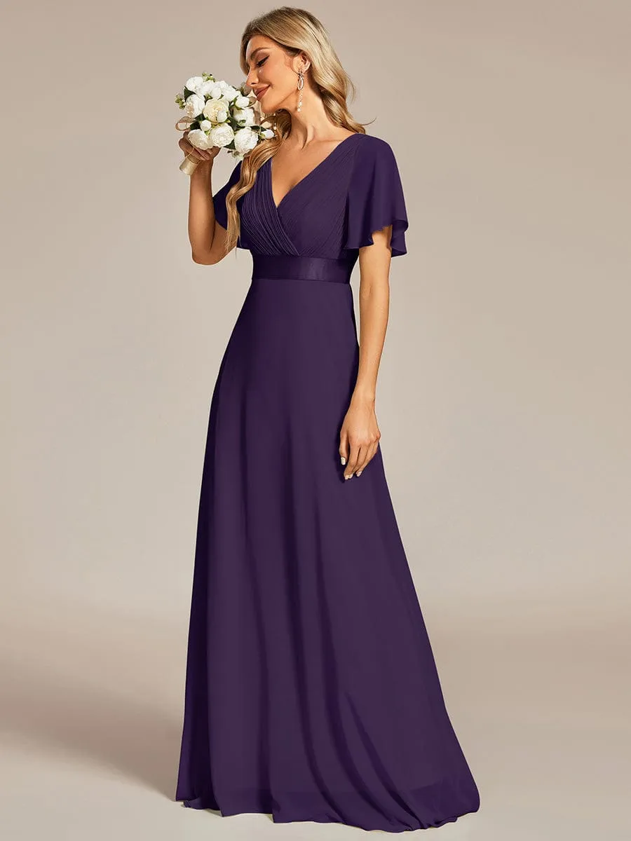 Monica | Long Empire Waist Bridesmaid Dress with Short Flutter Sleeves