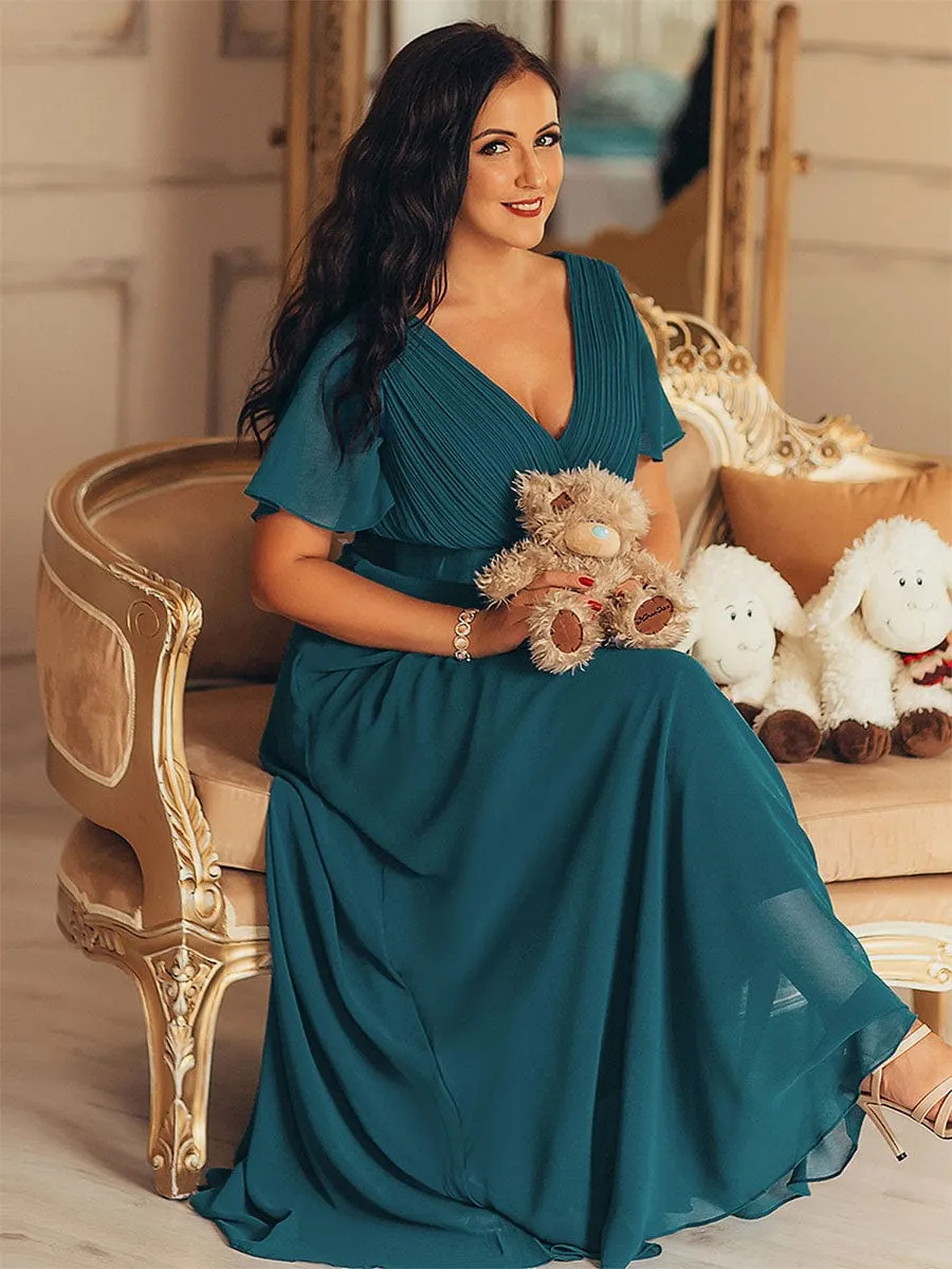 Monica | Long Empire Waist Bridesmaid Dress with Short Flutter Sleeves