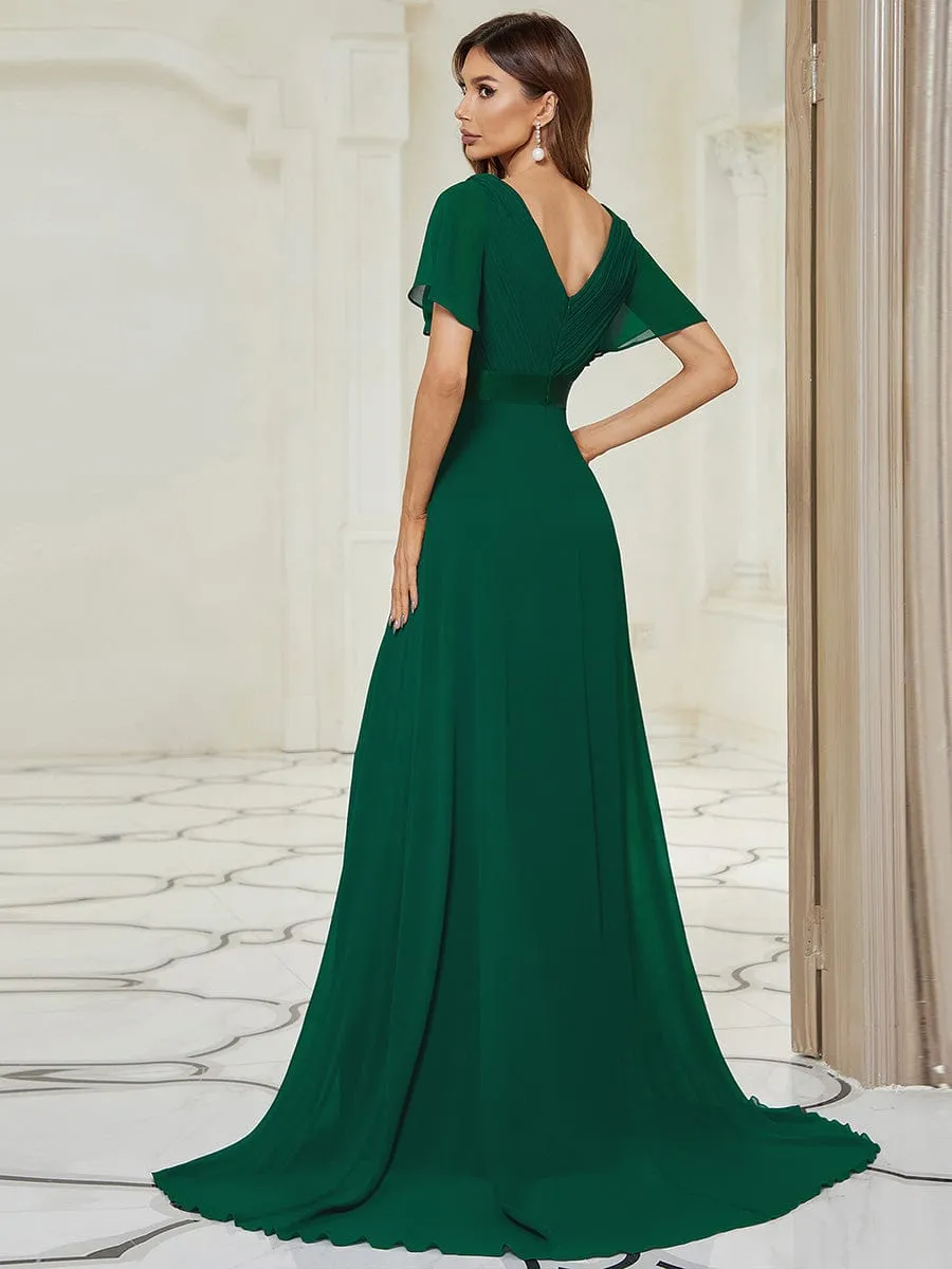 Monica | Long Empire Waist Bridesmaid Dress with Short Flutter Sleeves