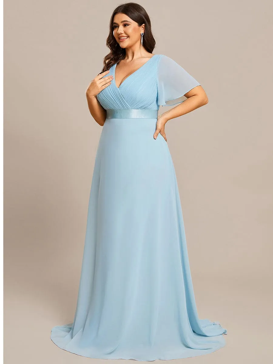 Monica | Long Empire Waist Bridesmaid Dress with Short Flutter Sleeves