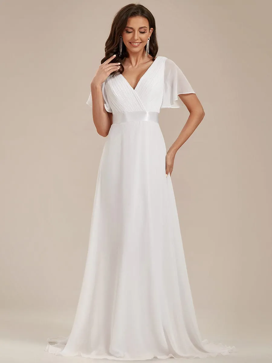 Monica | Long Empire Waist Bridesmaid Dress with Short Flutter Sleeves