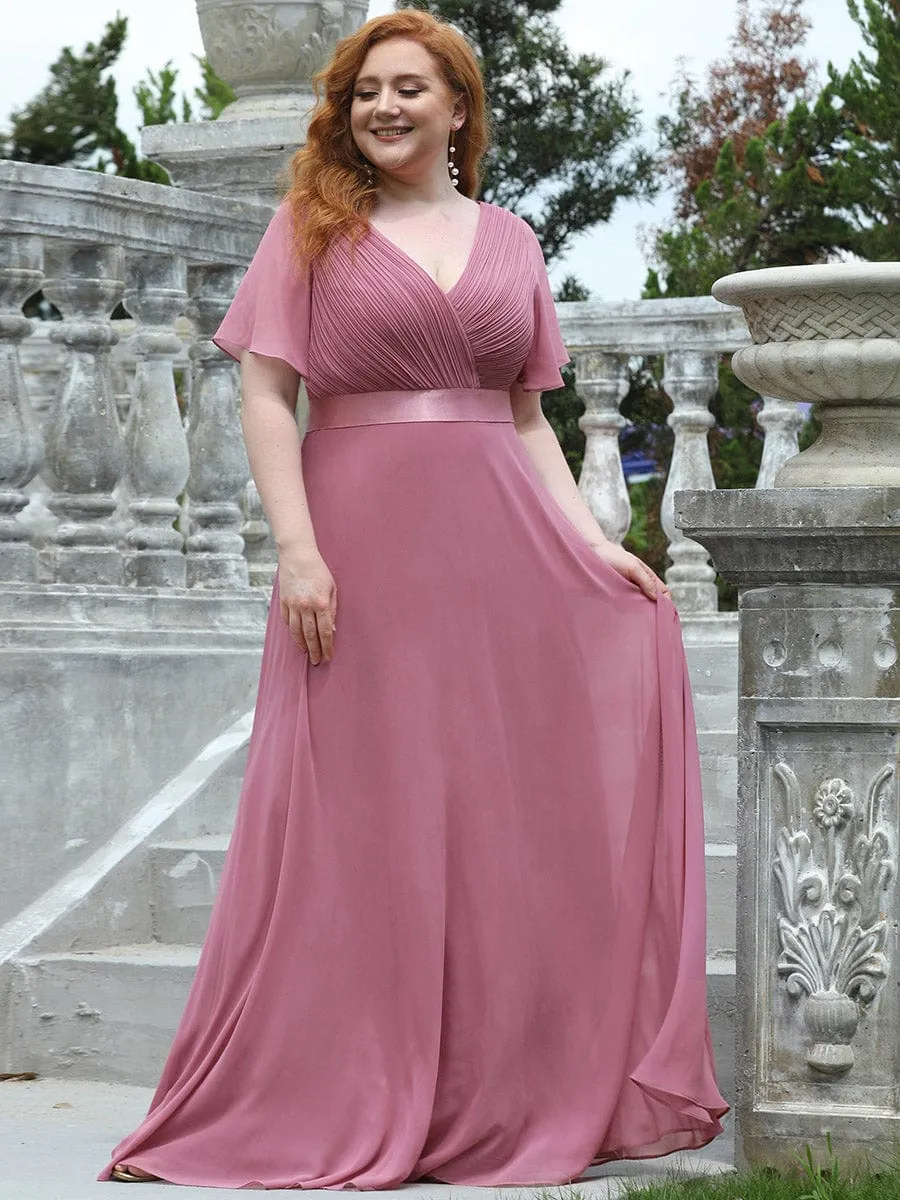 Monica | Long Empire Waist Bridesmaid Dress with Short Flutter Sleeves