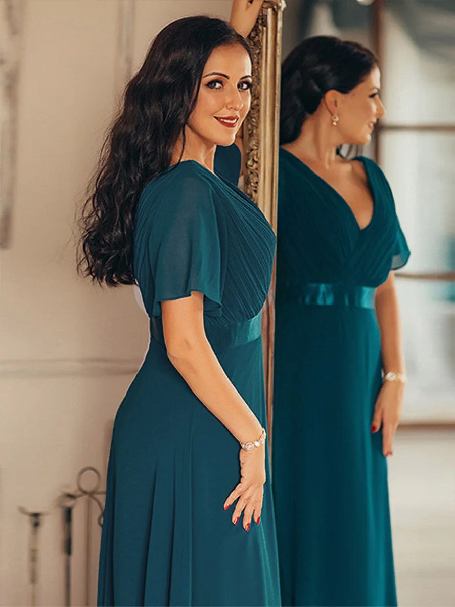 Monica | Long Empire Waist Bridesmaid Dress with Short Flutter Sleeves