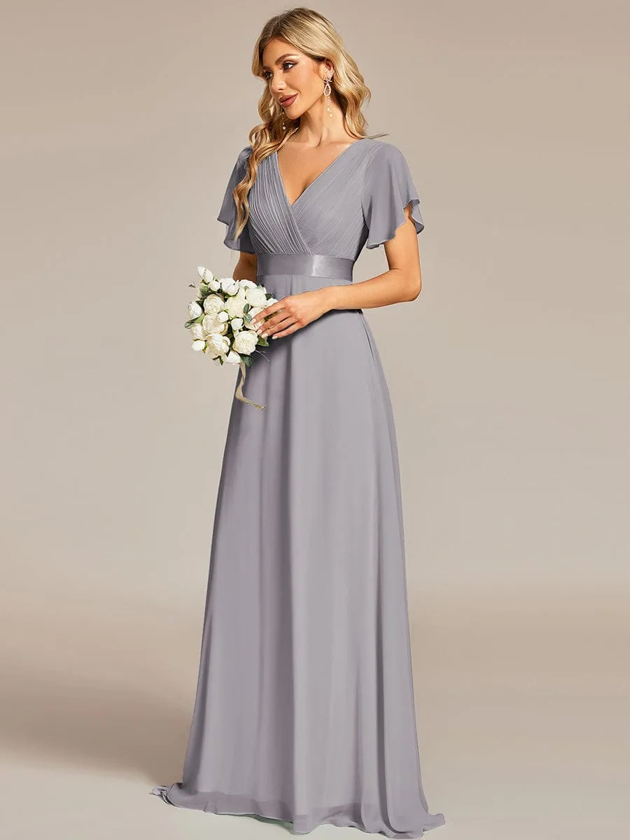 Monica | Long Empire Waist Bridesmaid Dress with Short Flutter Sleeves