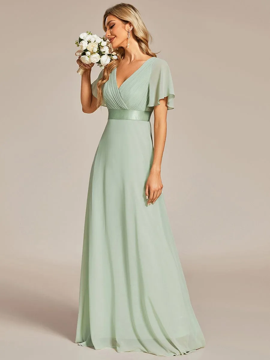 Monica | Long Empire Waist Bridesmaid Dress with Short Flutter Sleeves