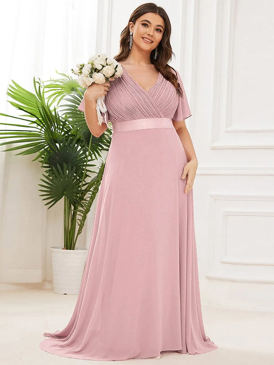 Monica | Long Empire Waist Bridesmaid Dress with Short Flutter Sleeves