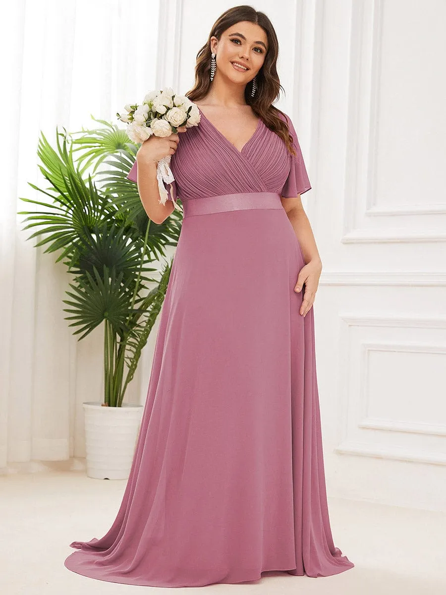 Monica | Long Empire Waist Bridesmaid Dress with Short Flutter Sleeves