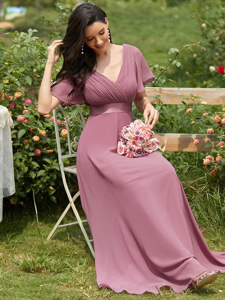 Monica | Long Empire Waist Bridesmaid Dress with Short Flutter Sleeves