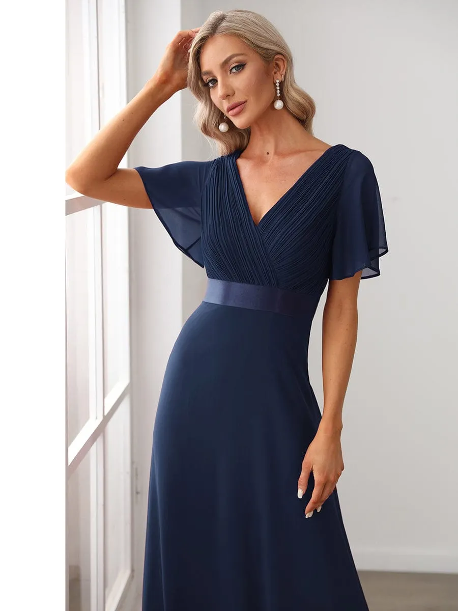 Monica | Long Empire Waist Bridesmaid Dress with Short Flutter Sleeves