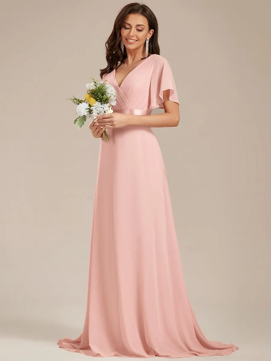 Monica | Long Empire Waist Bridesmaid Dress with Short Flutter Sleeves
