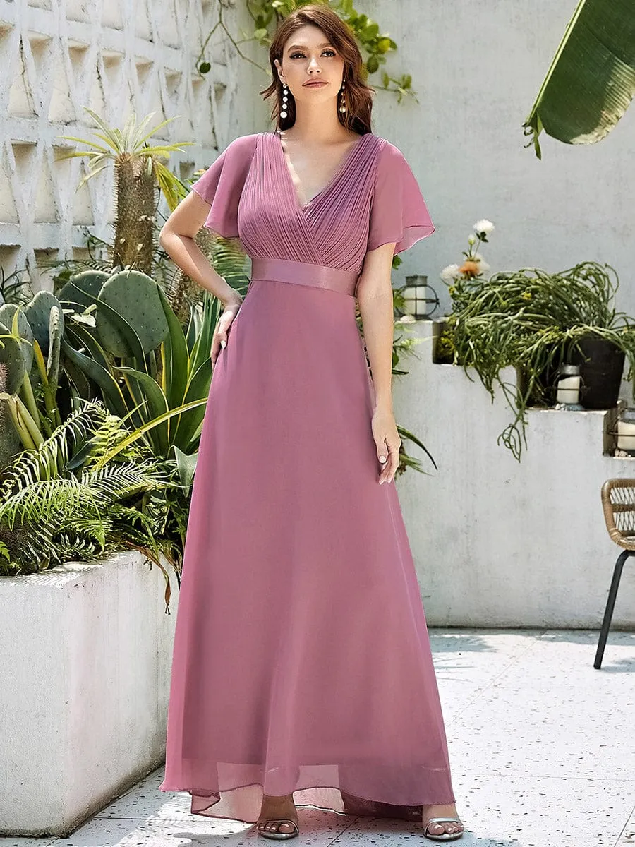 Monica | Long Empire Waist Bridesmaid Dress with Short Flutter Sleeves