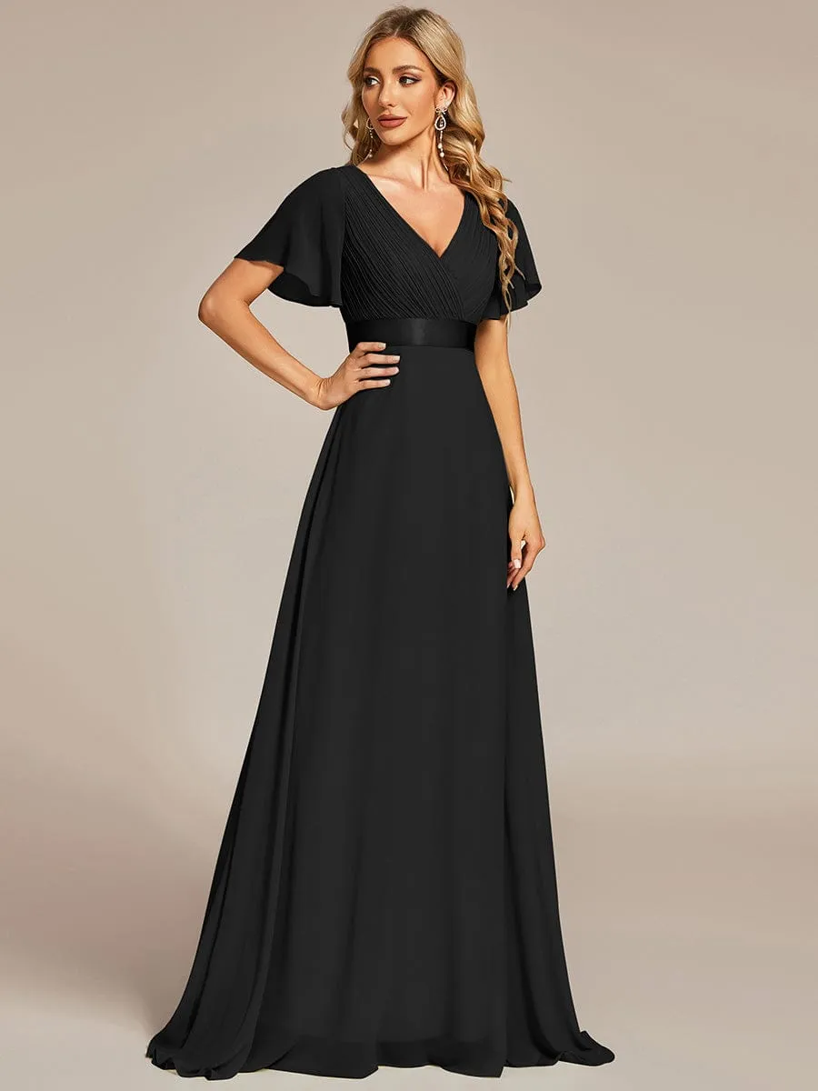 Monica | Long Empire Waist Bridesmaid Dress with Short Flutter Sleeves