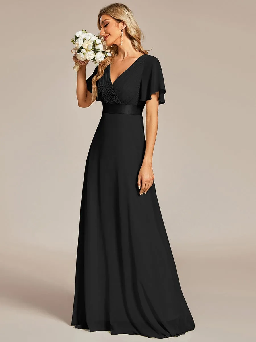 Monica | Long Empire Waist Bridesmaid Dress with Short Flutter Sleeves