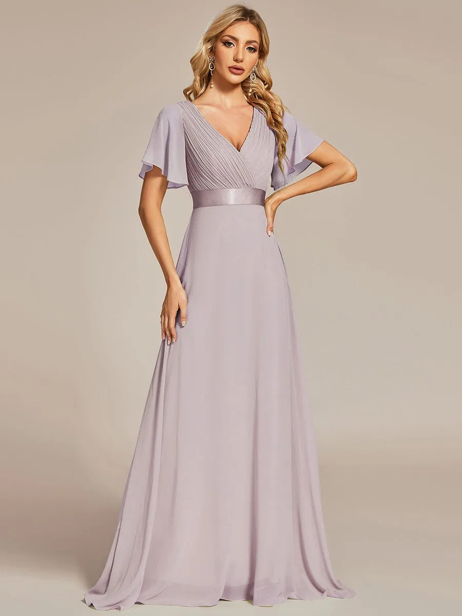 Monica | Long Empire Waist Bridesmaid Dress with Short Flutter Sleeves