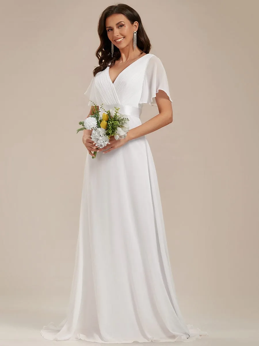 Monica | Long Empire Waist Bridesmaid Dress with Short Flutter Sleeves