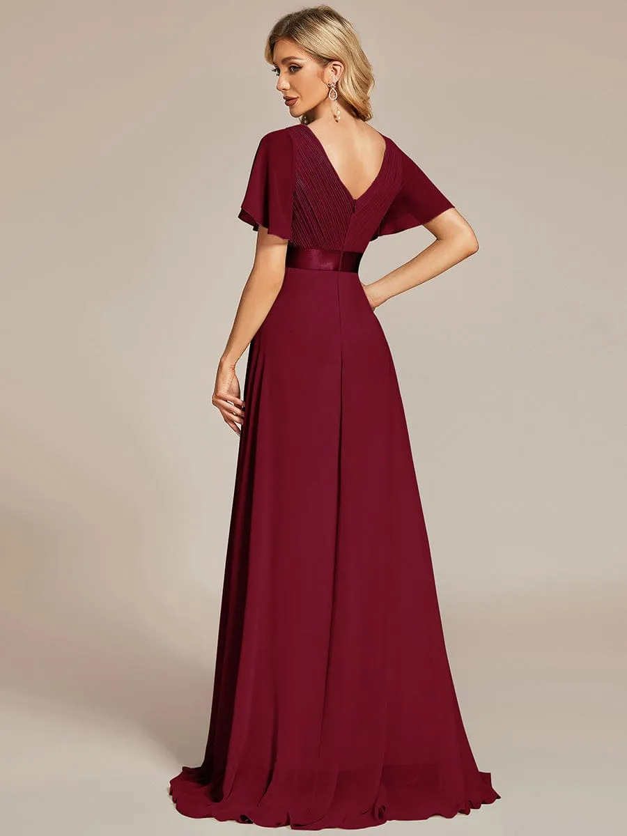 Monica | Long Empire Waist Bridesmaid Dress with Short Flutter Sleeves
