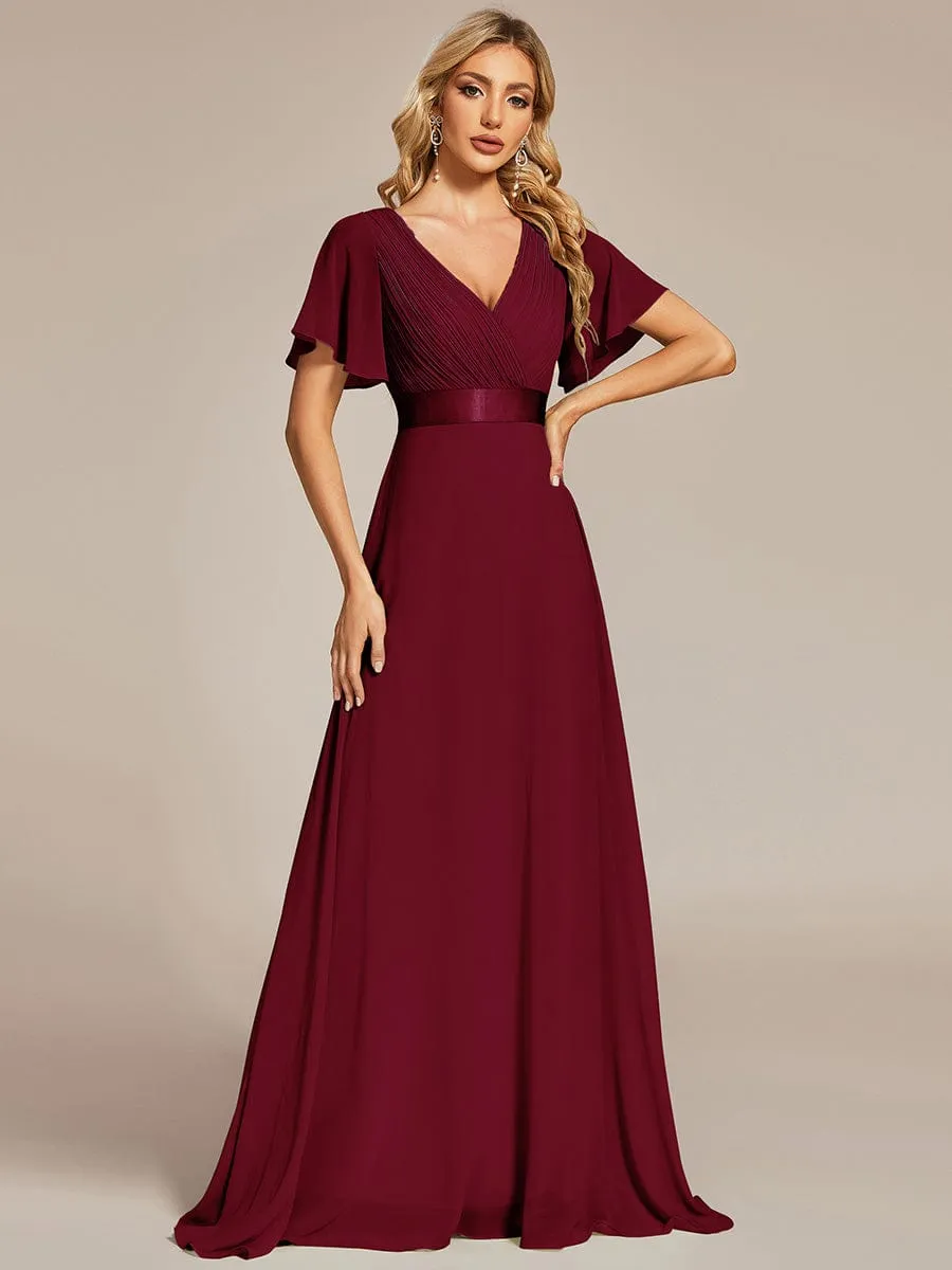 Monica | Long Empire Waist Bridesmaid Dress with Short Flutter Sleeves