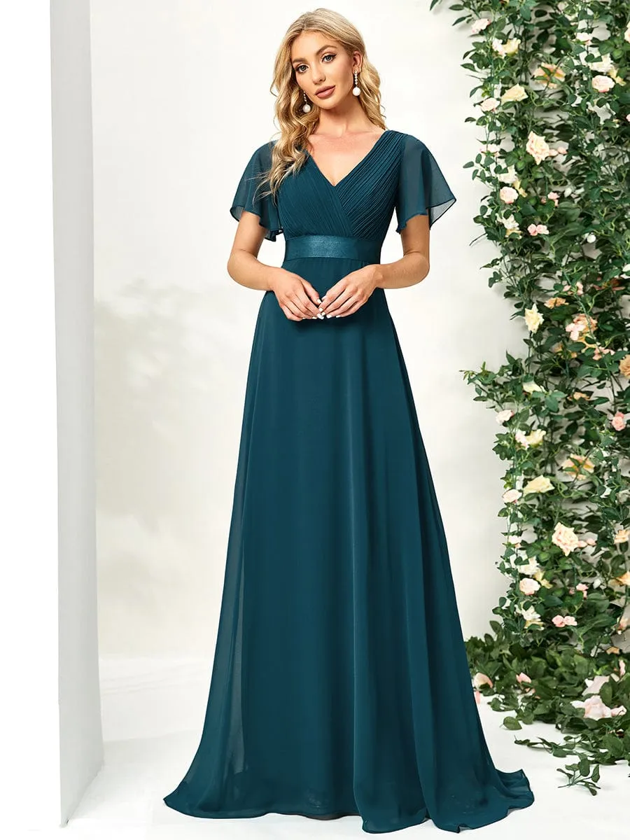 Monica | Long Empire Waist Bridesmaid Dress with Short Flutter Sleeves