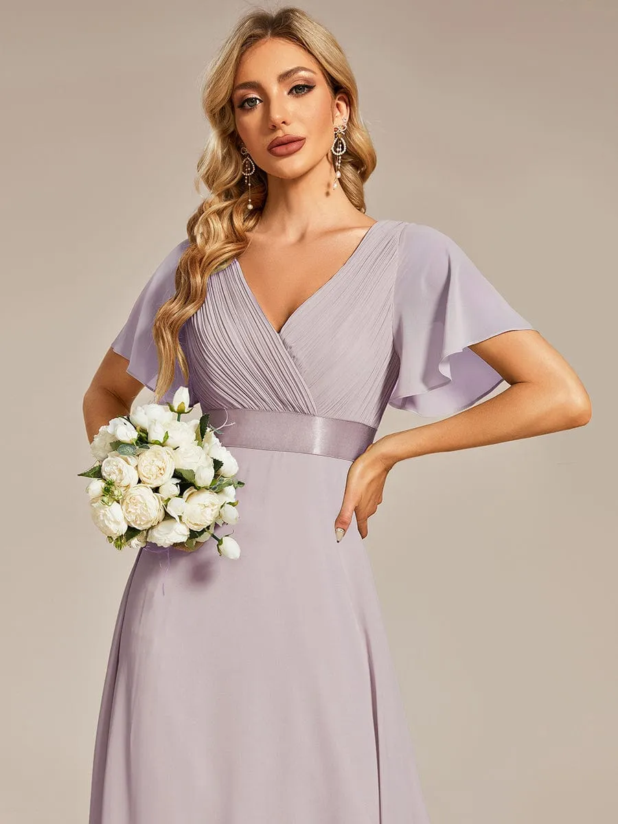 Monica | Long Empire Waist Bridesmaid Dress with Short Flutter Sleeves