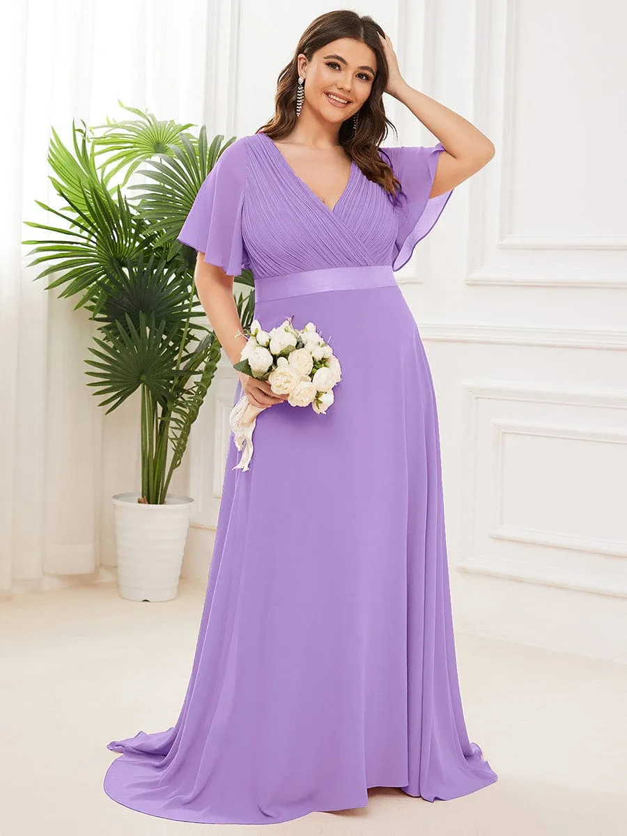 Monica | Long Empire Waist Bridesmaid Dress with Short Flutter Sleeves