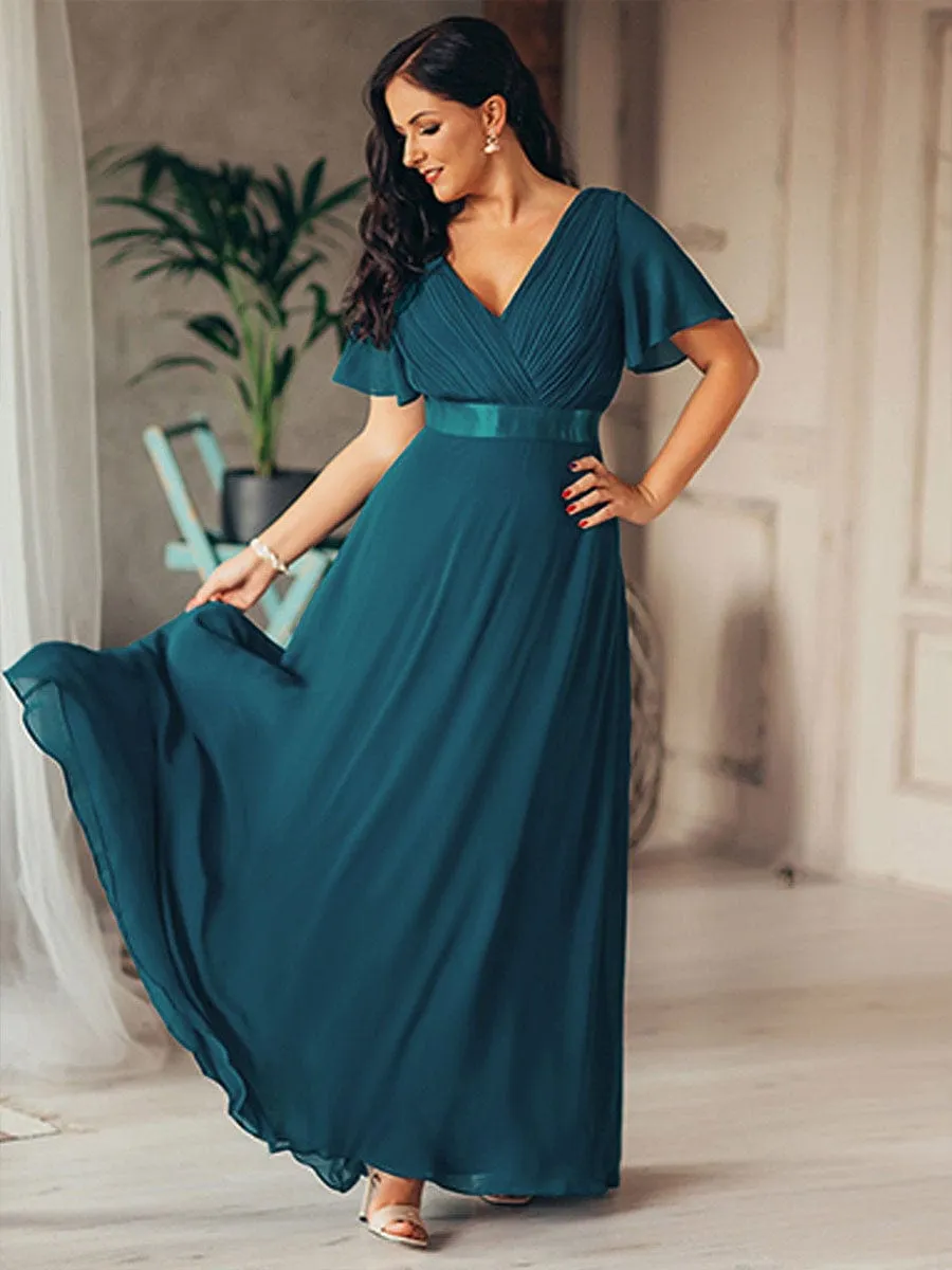 Monica | Long Empire Waist Bridesmaid Dress with Short Flutter Sleeves