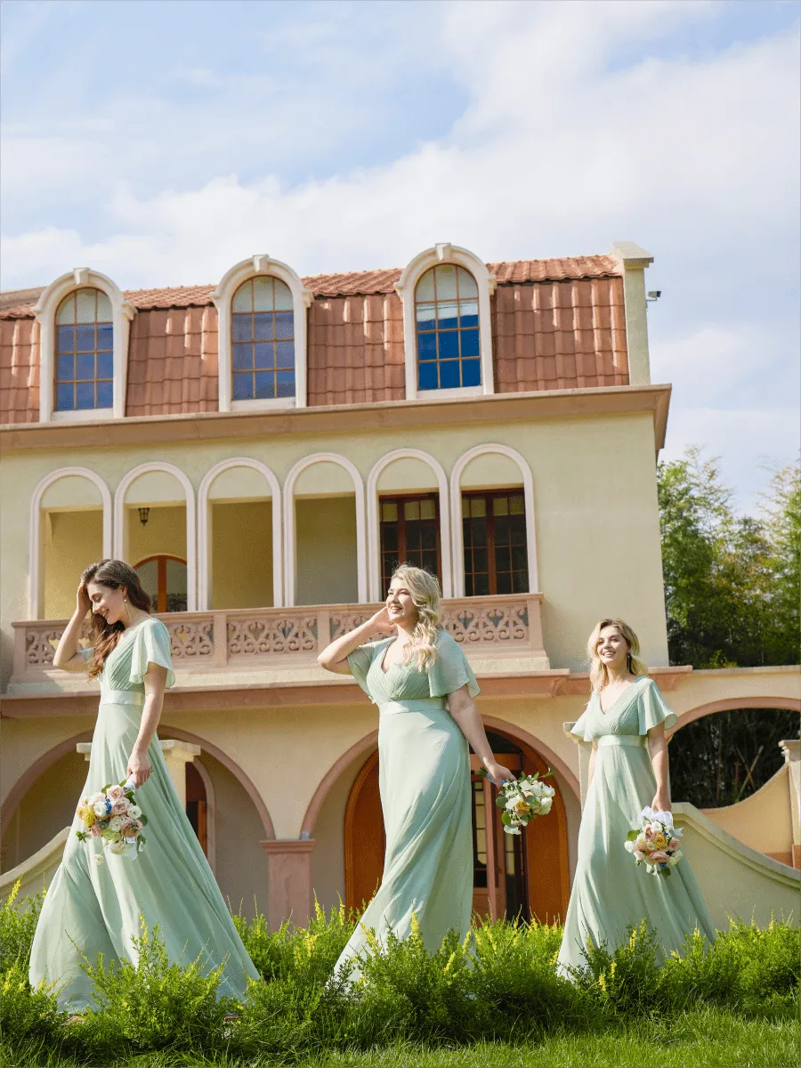 Monica | Long Empire Waist Bridesmaid Dress with Short Flutter Sleeves