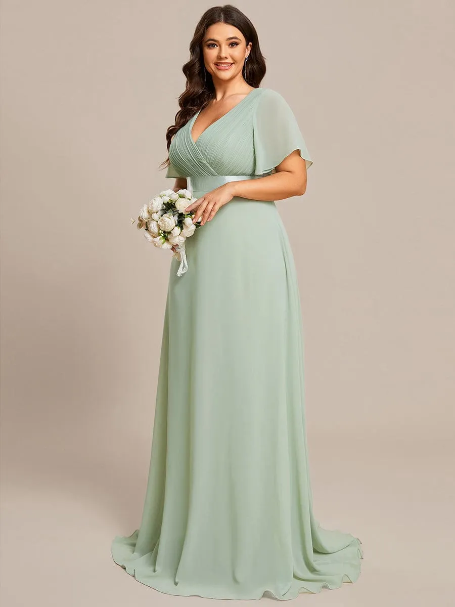 Monica | Long Empire Waist Bridesmaid Dress with Short Flutter Sleeves