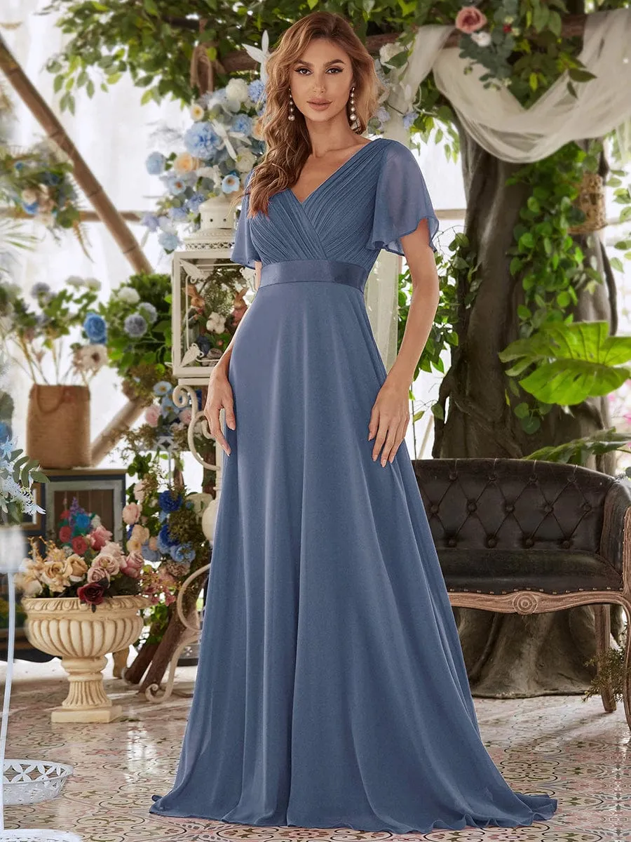 Monica | Long Empire Waist Bridesmaid Dress with Short Flutter Sleeves