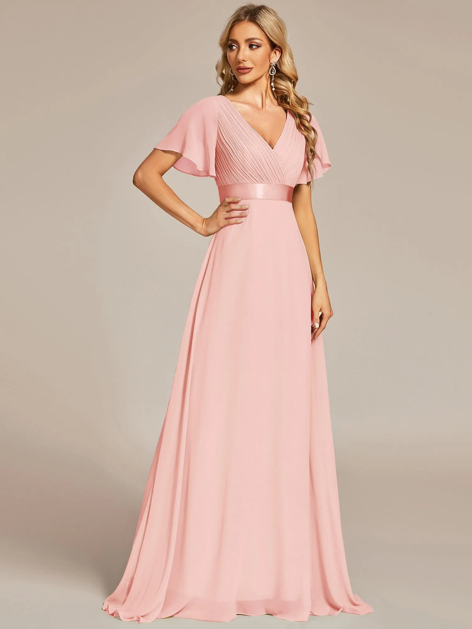 Monica | Long Empire Waist Bridesmaid Dress with Short Flutter Sleeves