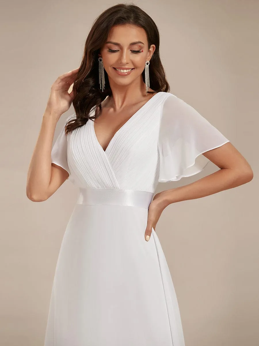 Monica | Long Empire Waist Bridesmaid Dress with Short Flutter Sleeves