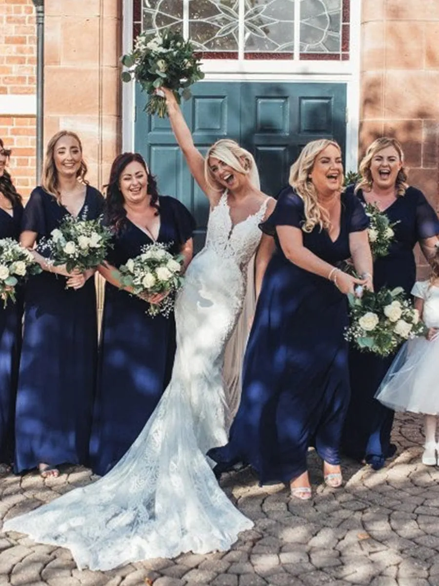 Monica | Long Empire Waist Bridesmaid Dress with Short Flutter Sleeves