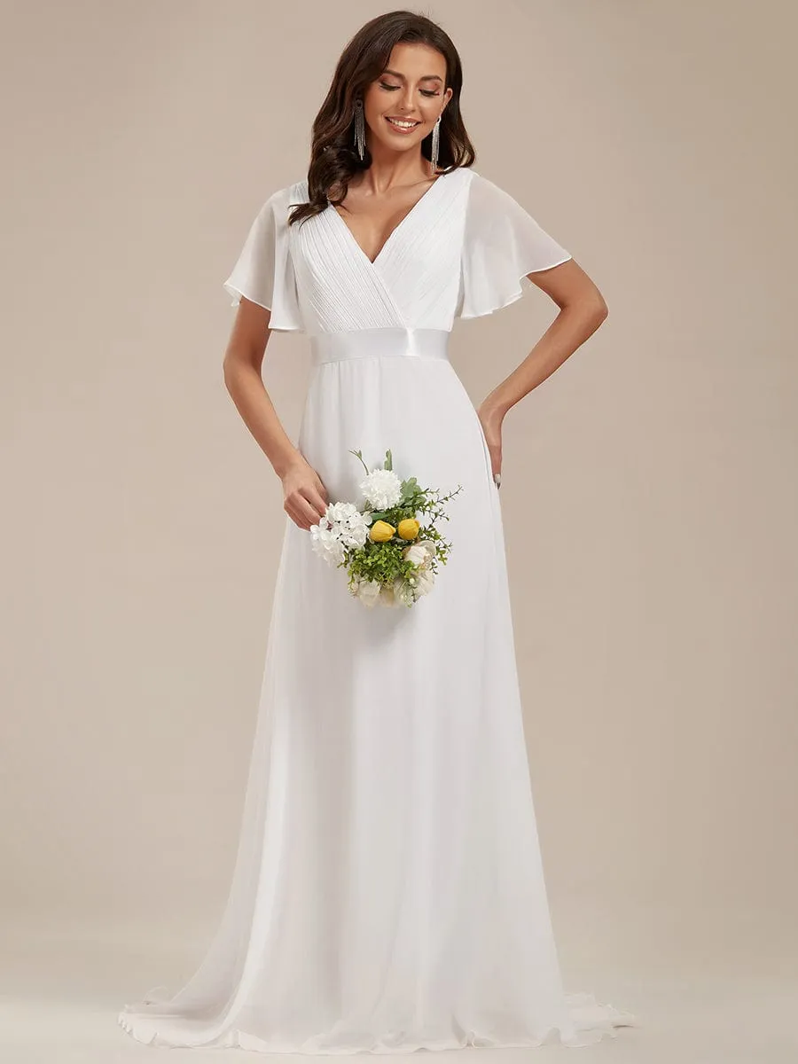Monica | Long Empire Waist Bridesmaid Dress with Short Flutter Sleeves