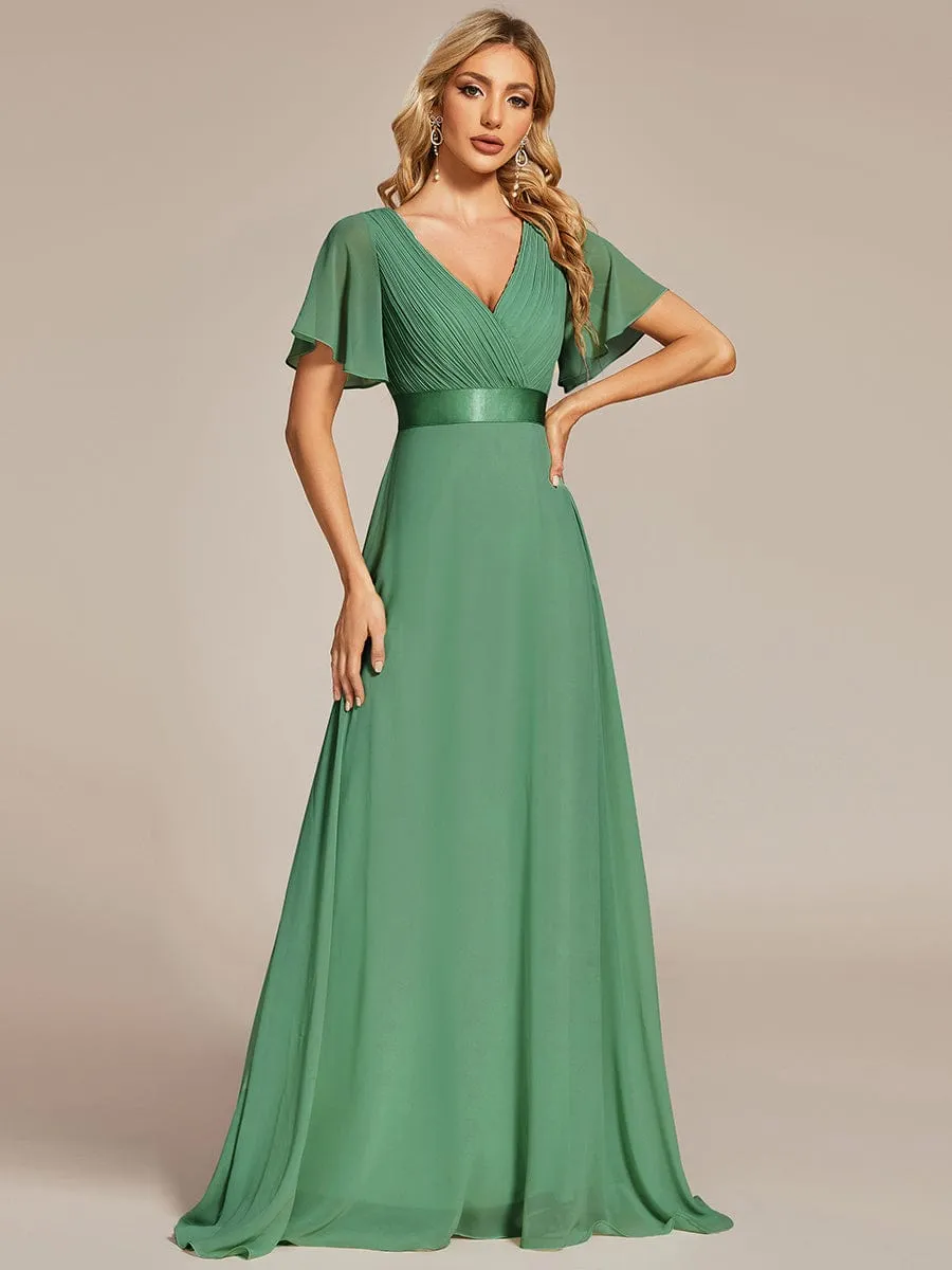 Monica | Long Empire Waist Bridesmaid Dress with Short Flutter Sleeves