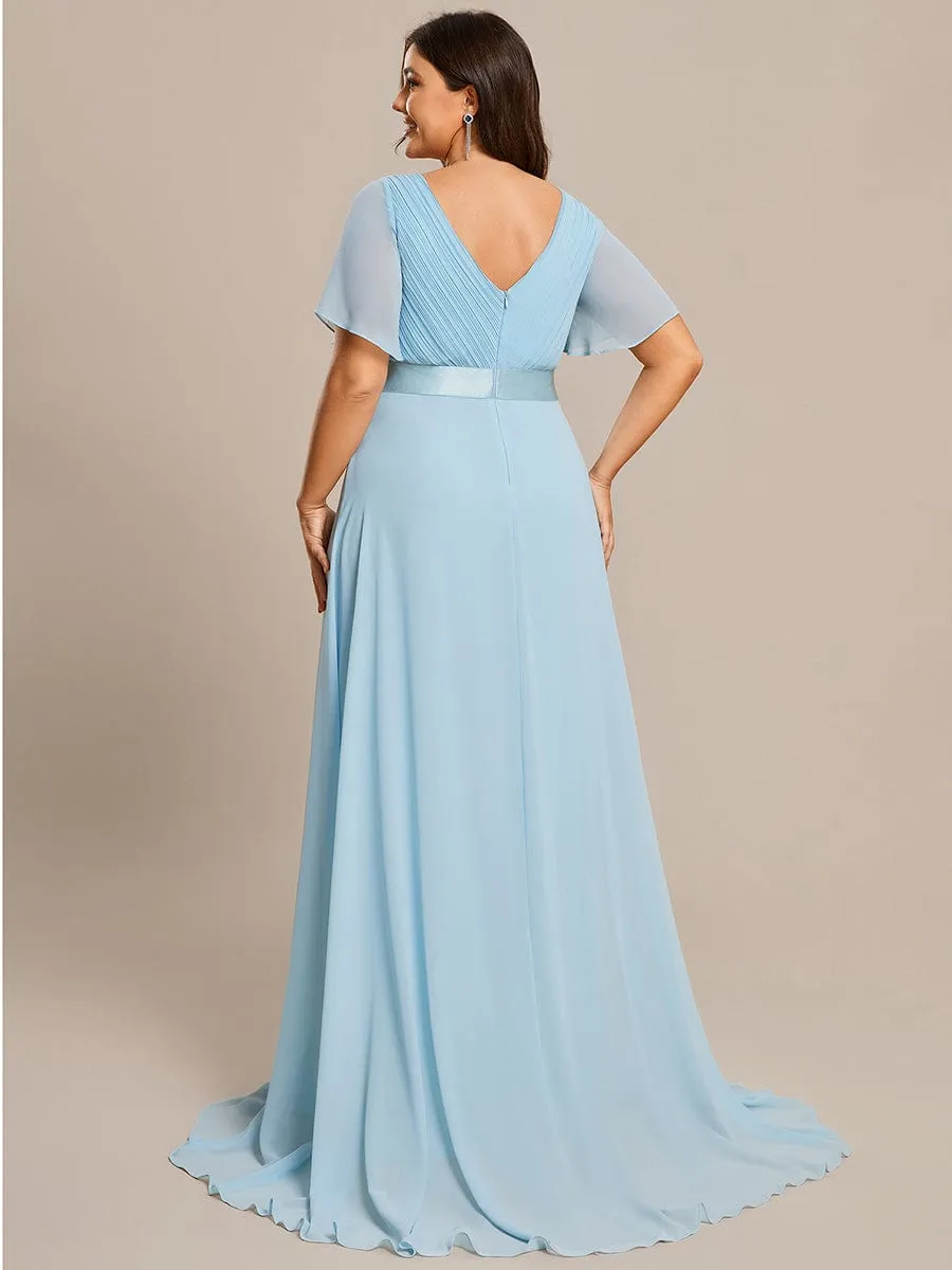 Monica | Long Empire Waist Bridesmaid Dress with Short Flutter Sleeves