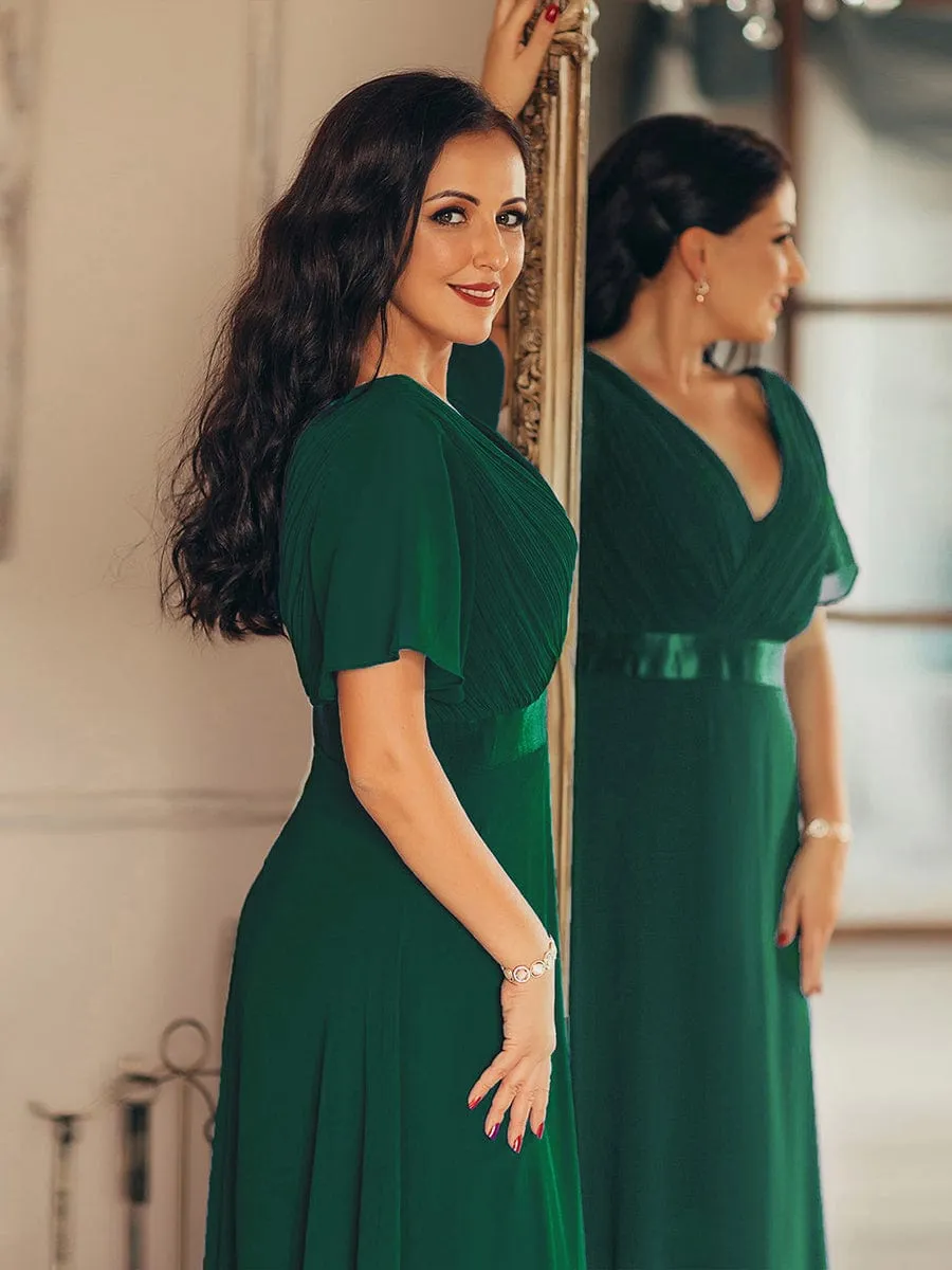Monica | Long Empire Waist Bridesmaid Dress with Short Flutter Sleeves