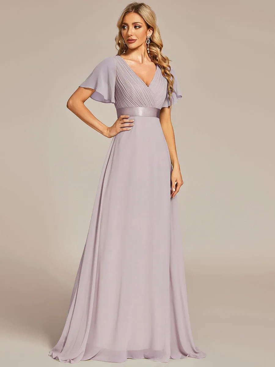 Monica | Long Empire Waist Bridesmaid Dress with Short Flutter Sleeves