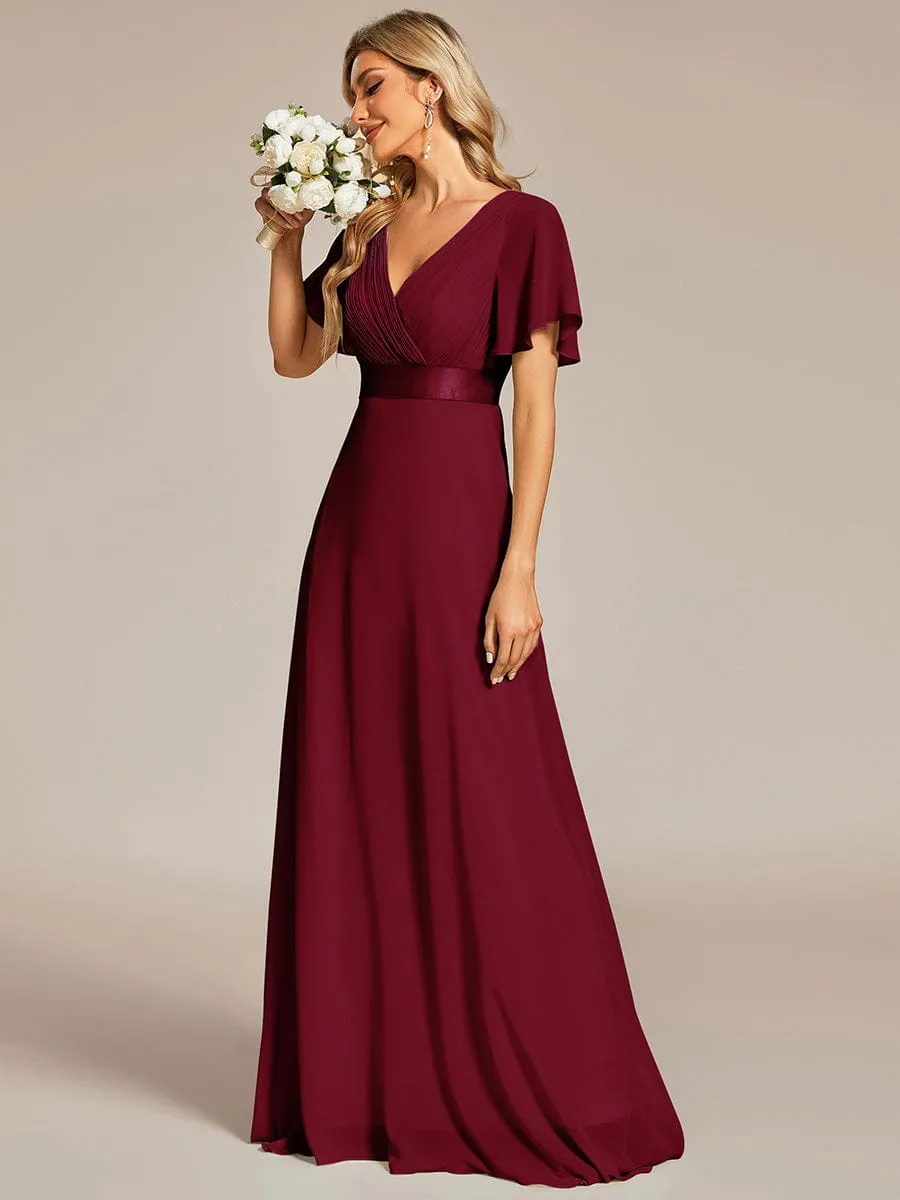 Monica | Long Empire Waist Bridesmaid Dress with Short Flutter Sleeves