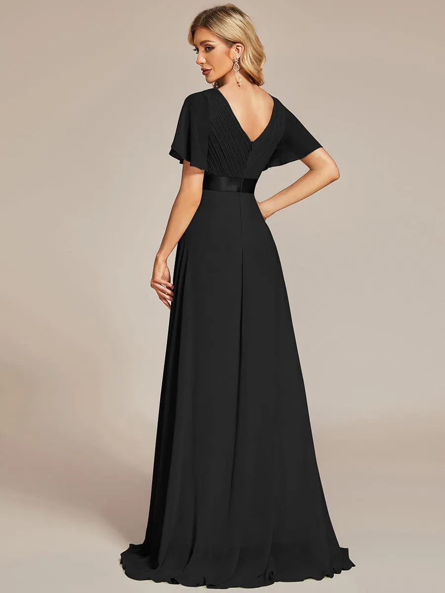 Monica | Long Empire Waist Bridesmaid Dress with Short Flutter Sleeves