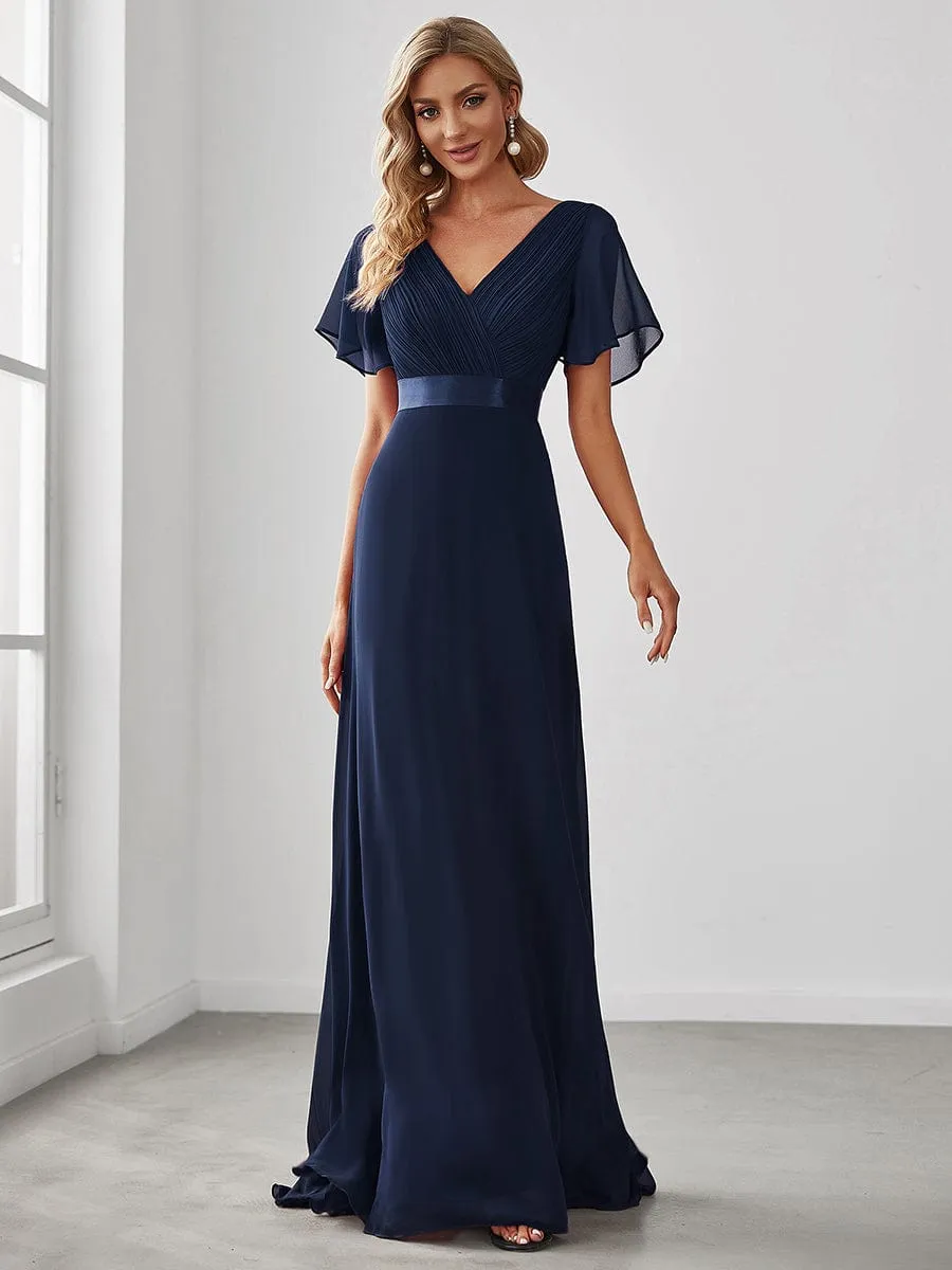 Monica | Long Empire Waist Bridesmaid Dress with Short Flutter Sleeves