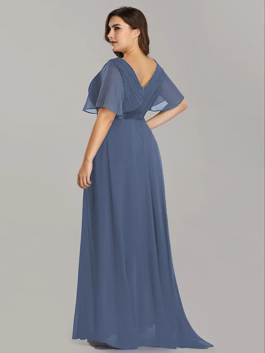 Monica | Long Empire Waist Bridesmaid Dress with Short Flutter Sleeves