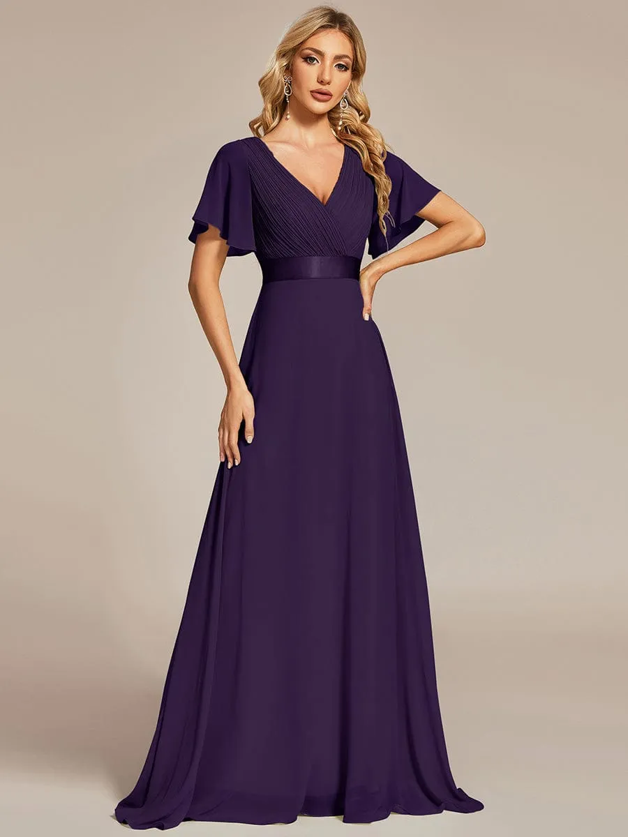 Monica | Long Empire Waist Bridesmaid Dress with Short Flutter Sleeves