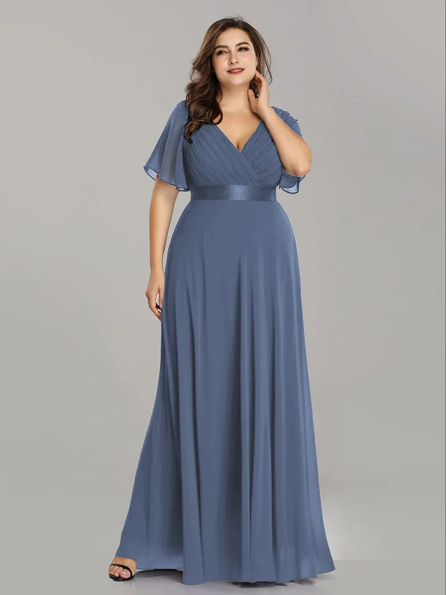 Monica | Long Empire Waist Bridesmaid Dress with Short Flutter Sleeves