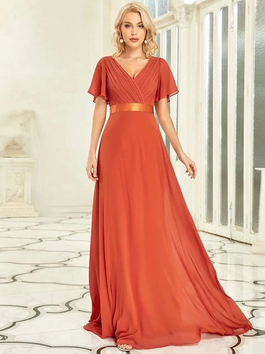 Monica | Long Empire Waist Bridesmaid Dress with Short Flutter Sleeves