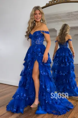 Off-Shoulder A-Line Ball Gown Sequins Long Prom Dress Evening Gowns QP0985