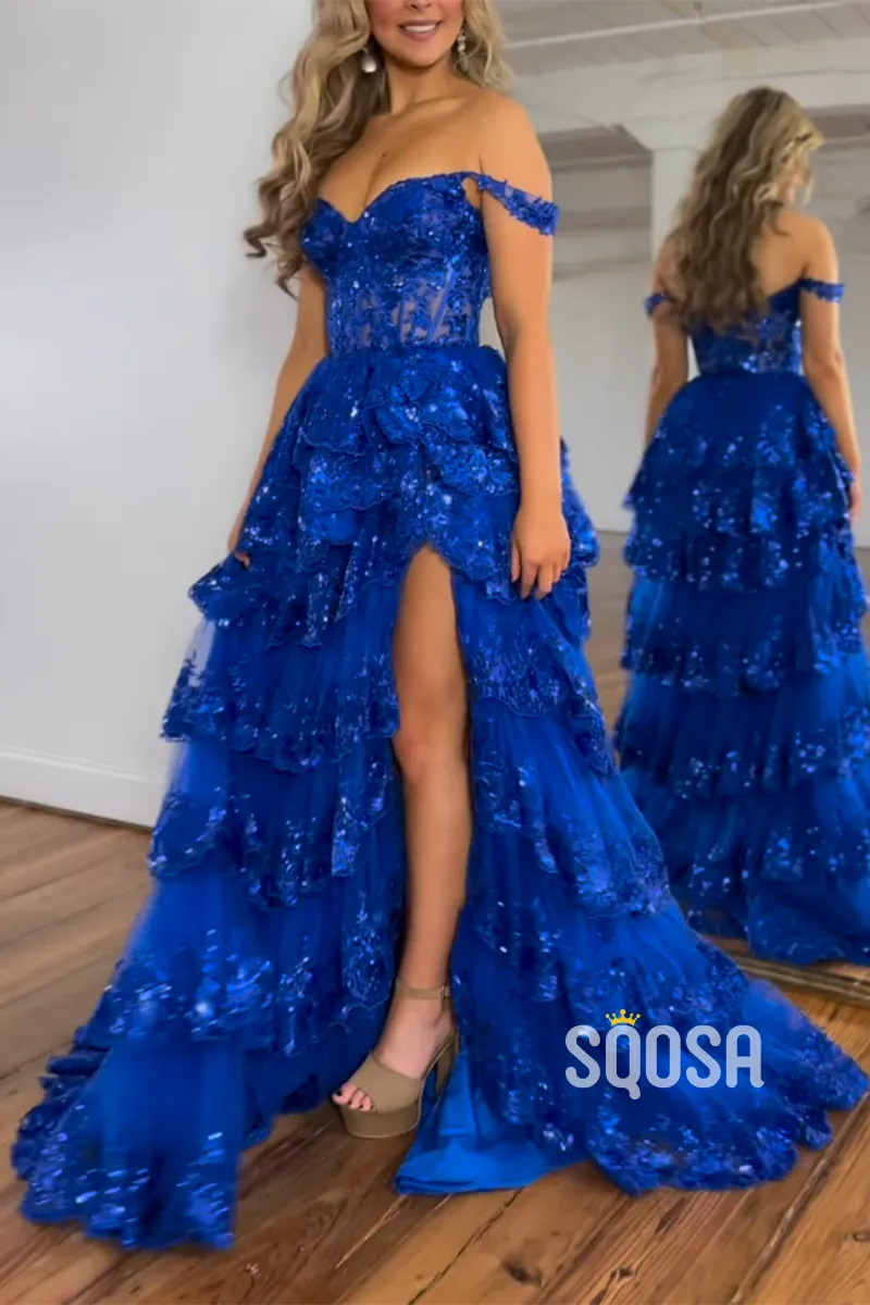 Off-Shoulder A-Line Ball Gown Sequins Long Prom Dress Evening Gowns QP0985