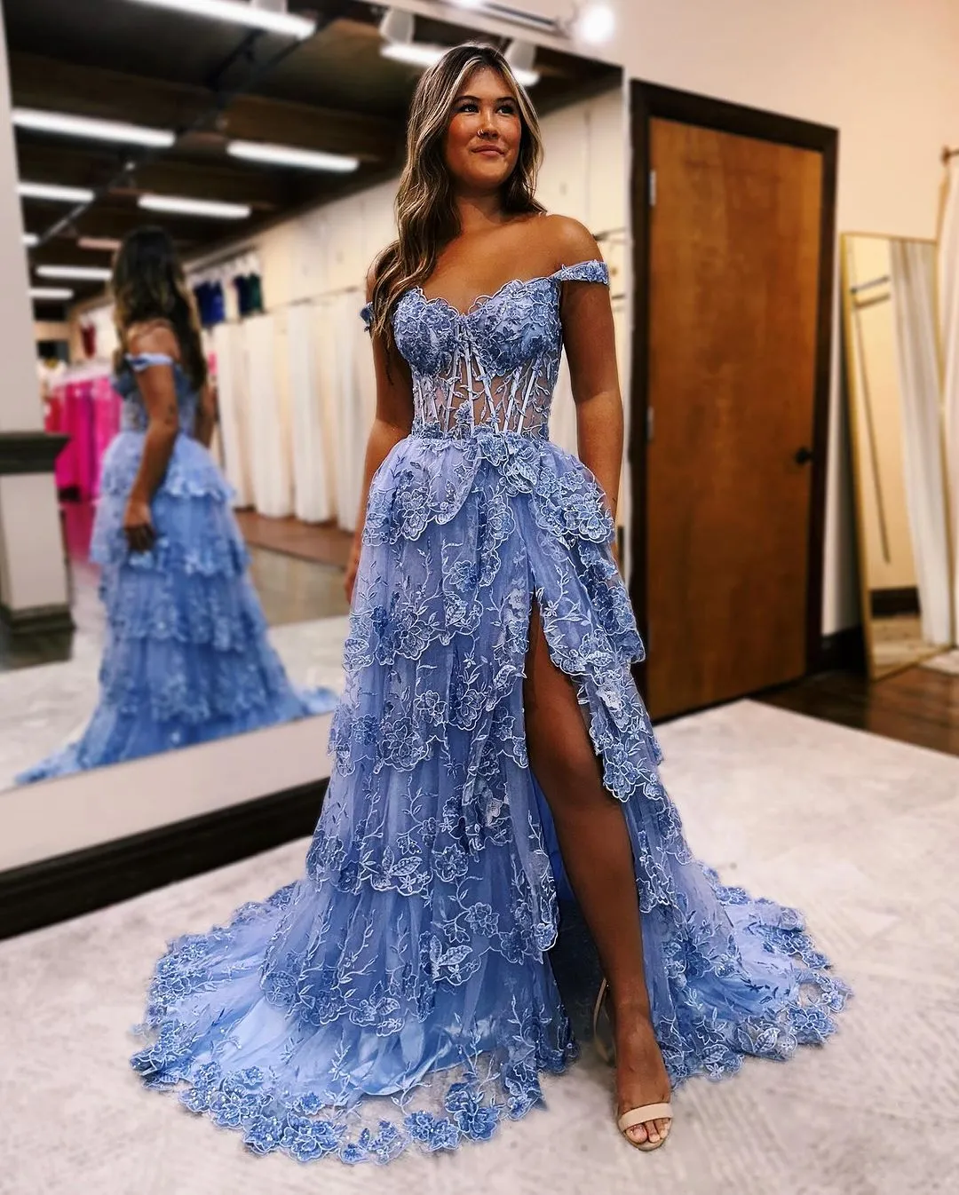 Off-Shoulder A-Line Ball Gown Sequins Long Prom Dress Evening Gowns QP0985