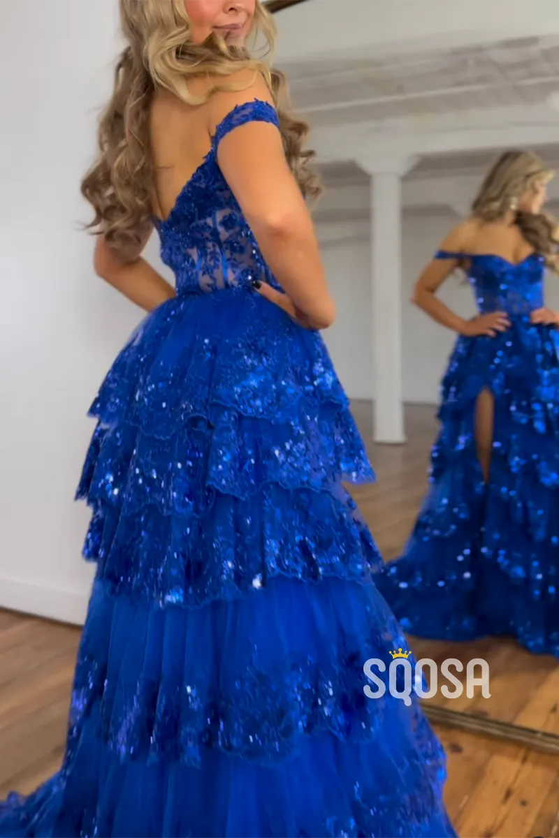 Off-Shoulder A-Line Ball Gown Sequins Long Prom Dress Evening Gowns QP0985